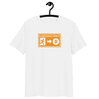 Emergency Exit Organic Cotton Bitcoin T-Shirt with sustainability certifications logos