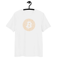 Organic cotton Bitcoin Binary t-shirt with technology-themed design and multiple eco-friendly certification logos
