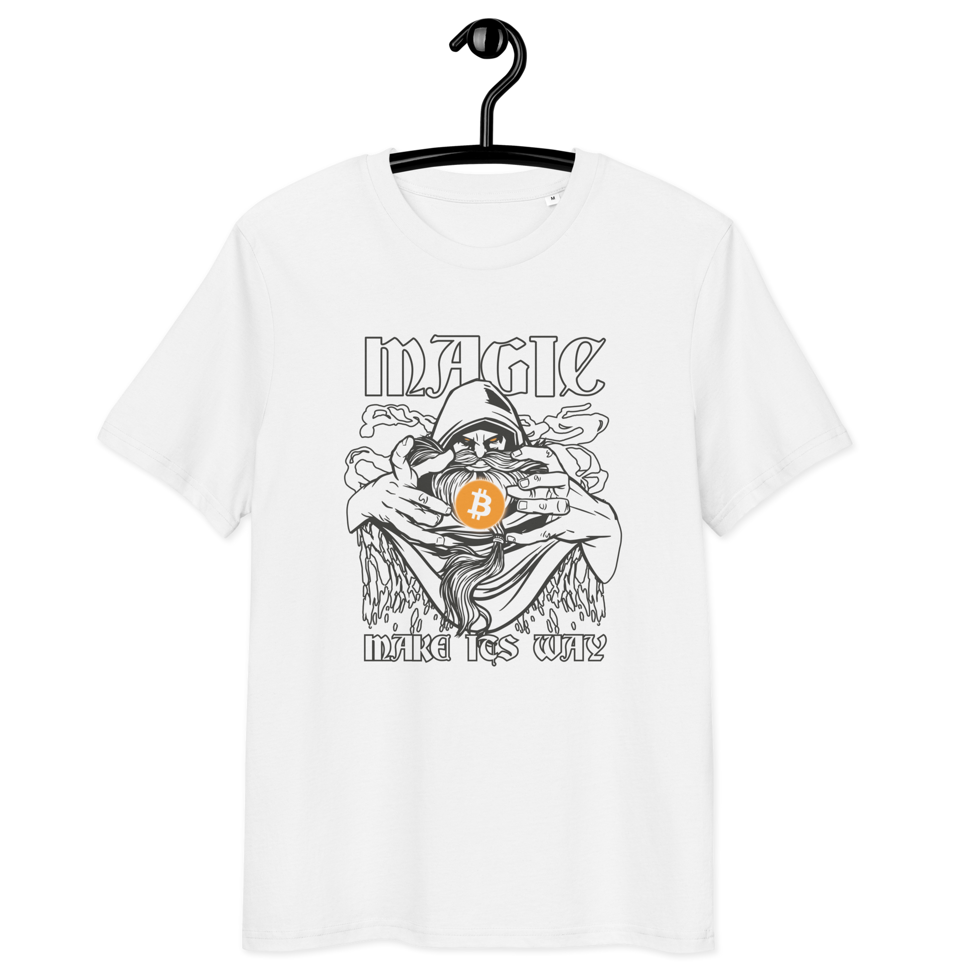 Front view of a white bitcoin t-shirt.