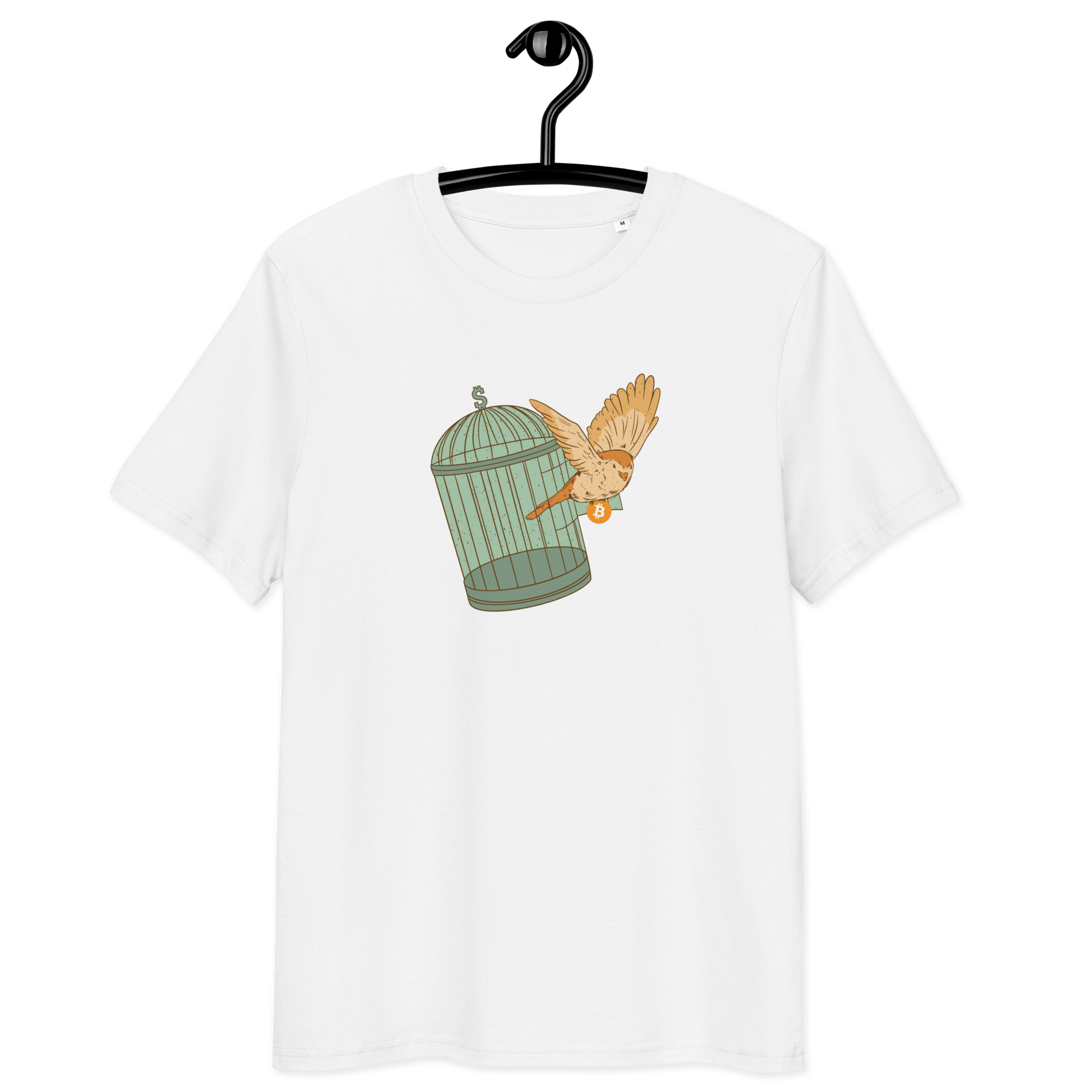 Front view of a white bitcoin t-shirt.