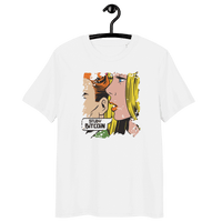 Organic cotton t-shirt with comic Study Bitcoin design and eco-friendly certifications