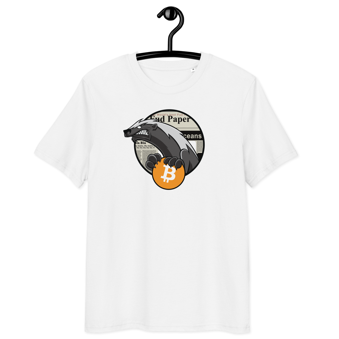 Front view of a white bitcoin t-shirt.