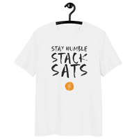 Stay Humble Stack Sats organic cotton Bitcoin t-shirt with eco-friendly certifications