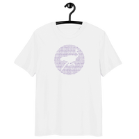 Nostr Binary organic cotton t-shirt with eco-friendly certification logos and tech-inspired design