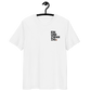 Front view of a white embroidered bitcoin t-shirt.