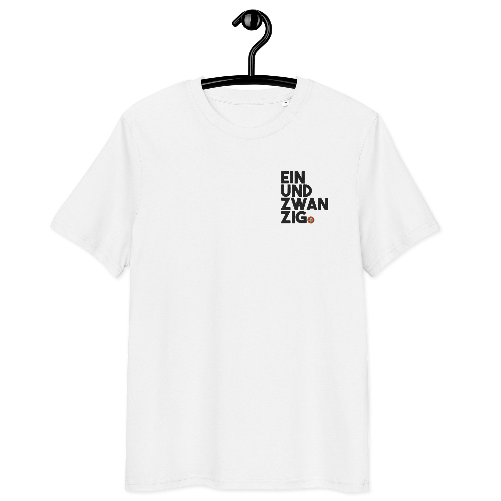 Front view of a white embroidered bitcoin t-shirt.