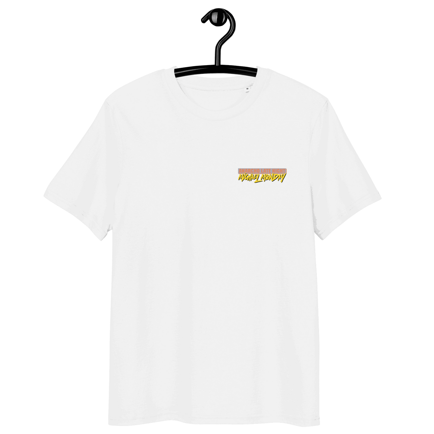 Michael Monday Anarcho Late Night organic cotton t-shirt with eco-friendly certifications and size chart