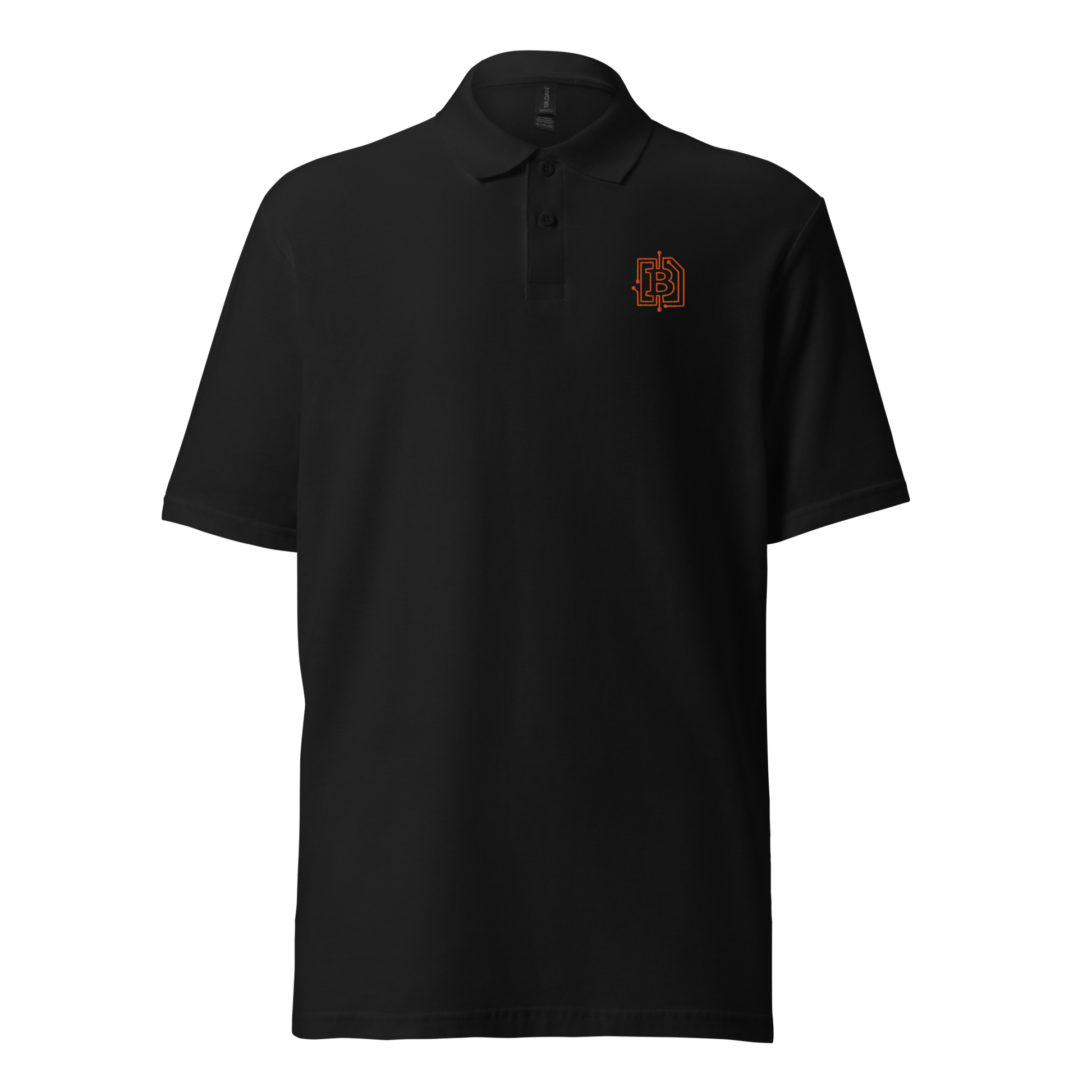 Front view of a black embroidered bitcoin polo shirt.