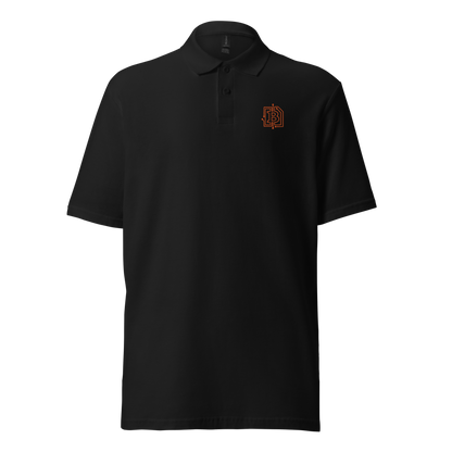 Front view of a black embroidered bitcoin polo shirt.