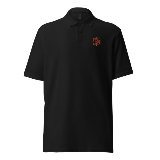 Front view of a black embroidered bitcoin polo shirt.