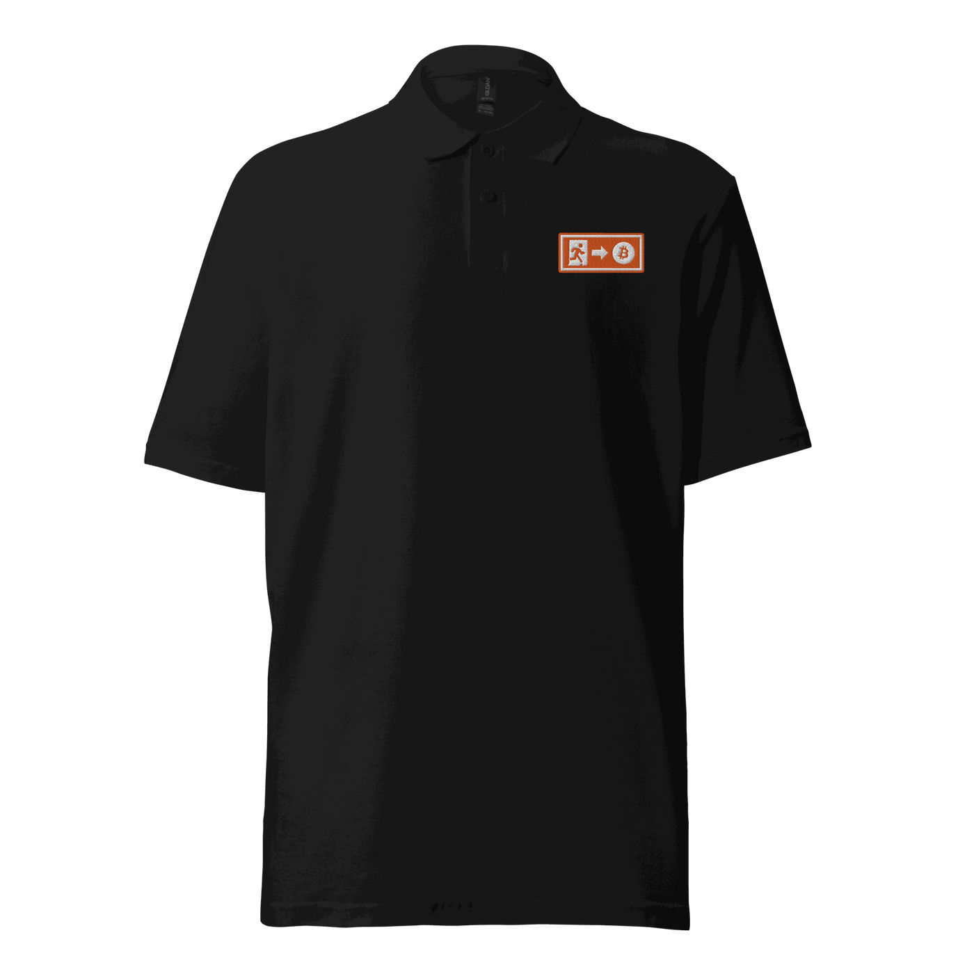Emergency Exit Bitcoin polo shirt with ÖKO-TEX certification logo