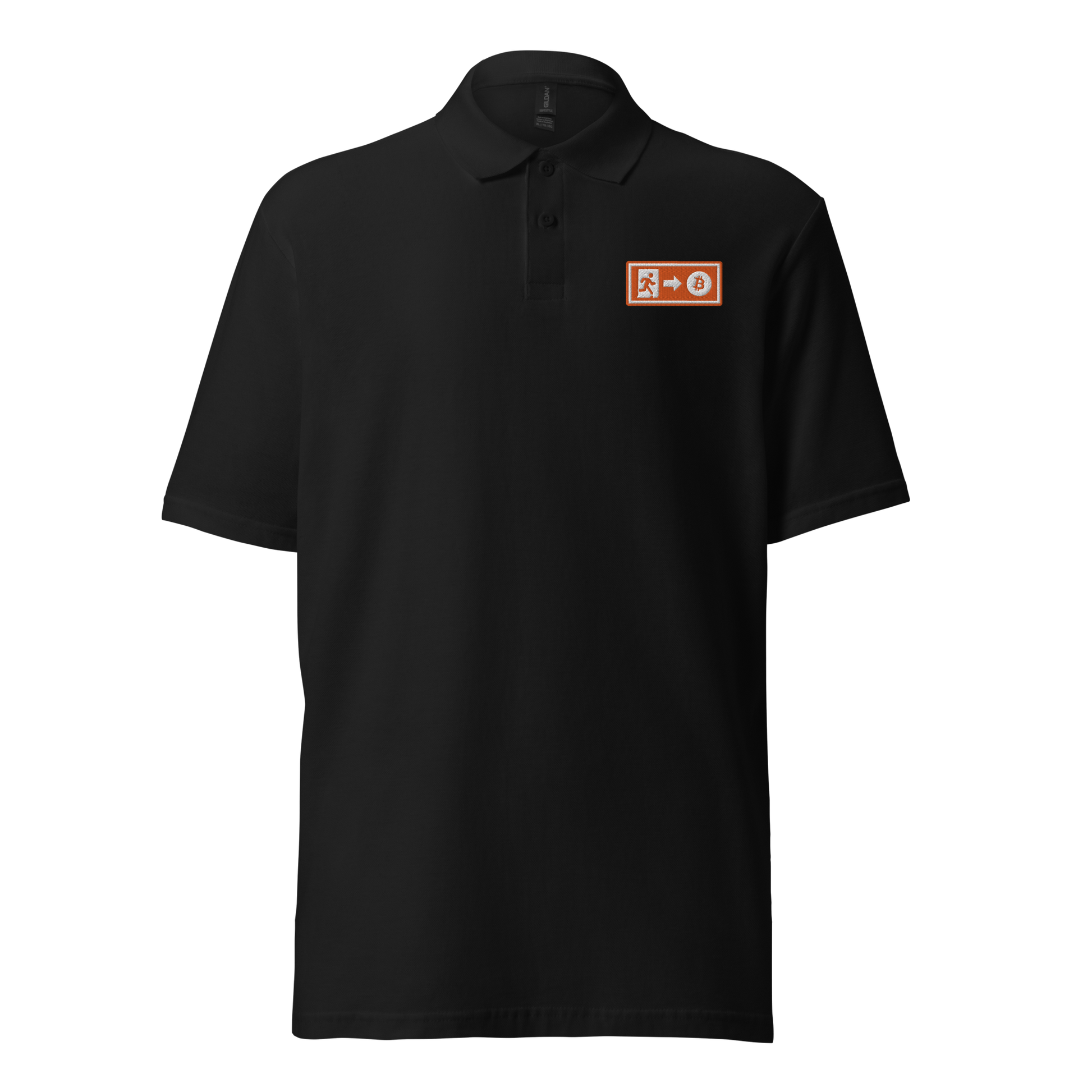 Front view of a black embroidered bitcoin polo shirt.