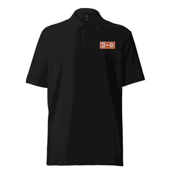 Emergency Exit Bitcoin polo shirt with ÖKO-TEX certification logo