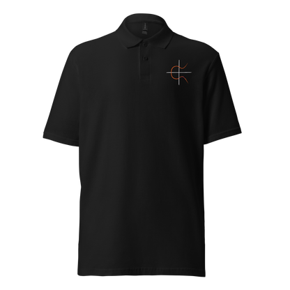 Front view of a black embroidered bitcoin polo shirt.