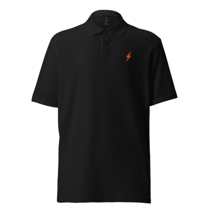 Front view of a black embroidered bitcoin polo shirt.