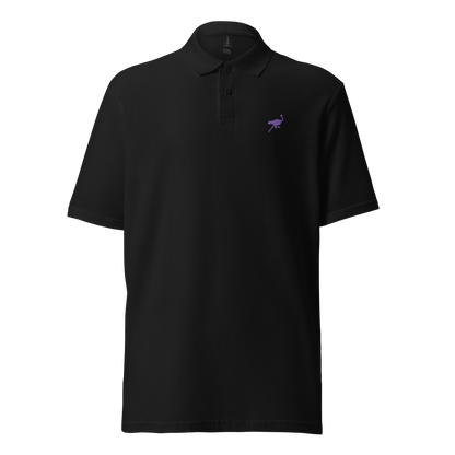 Front view of a black embroidered nostr polo shirt.