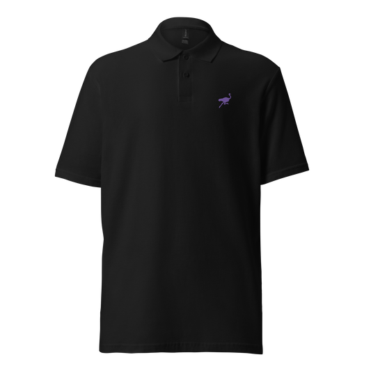 Front view of a black embroidered nostr polo shirt.
