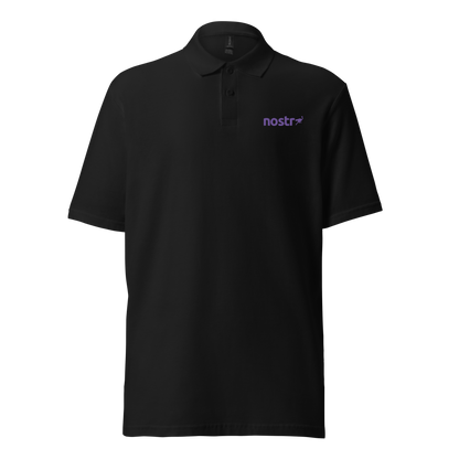 Front view of a black embroidered nostr polo shirt.