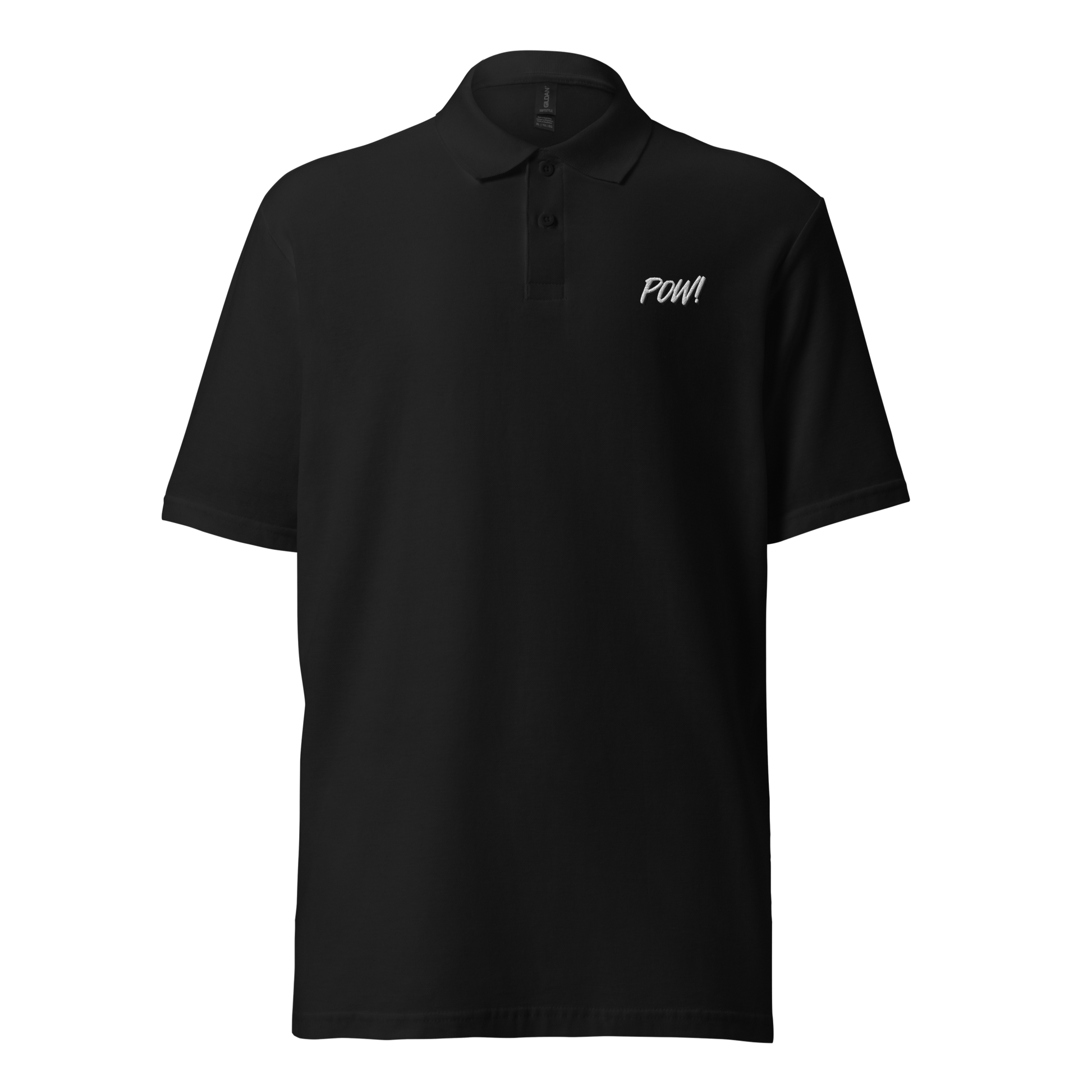 Front view of a black embroidered bitcoin polo shirt.