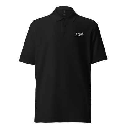 Front view of a black embroidered bitcoin polo shirt.