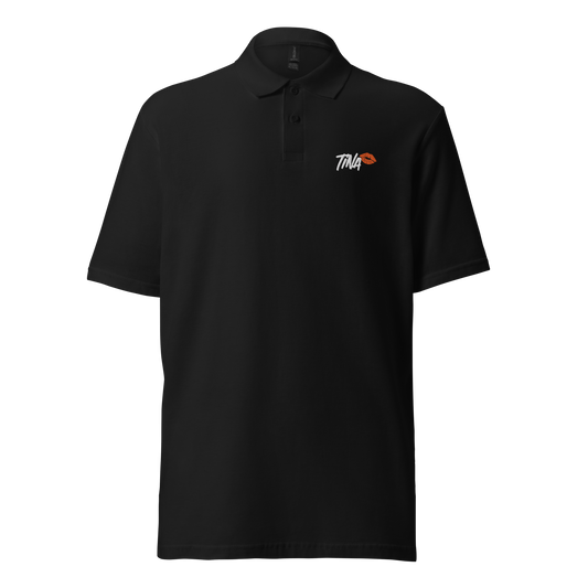 Front view of a black embroidered bitcoin polo shirt.
