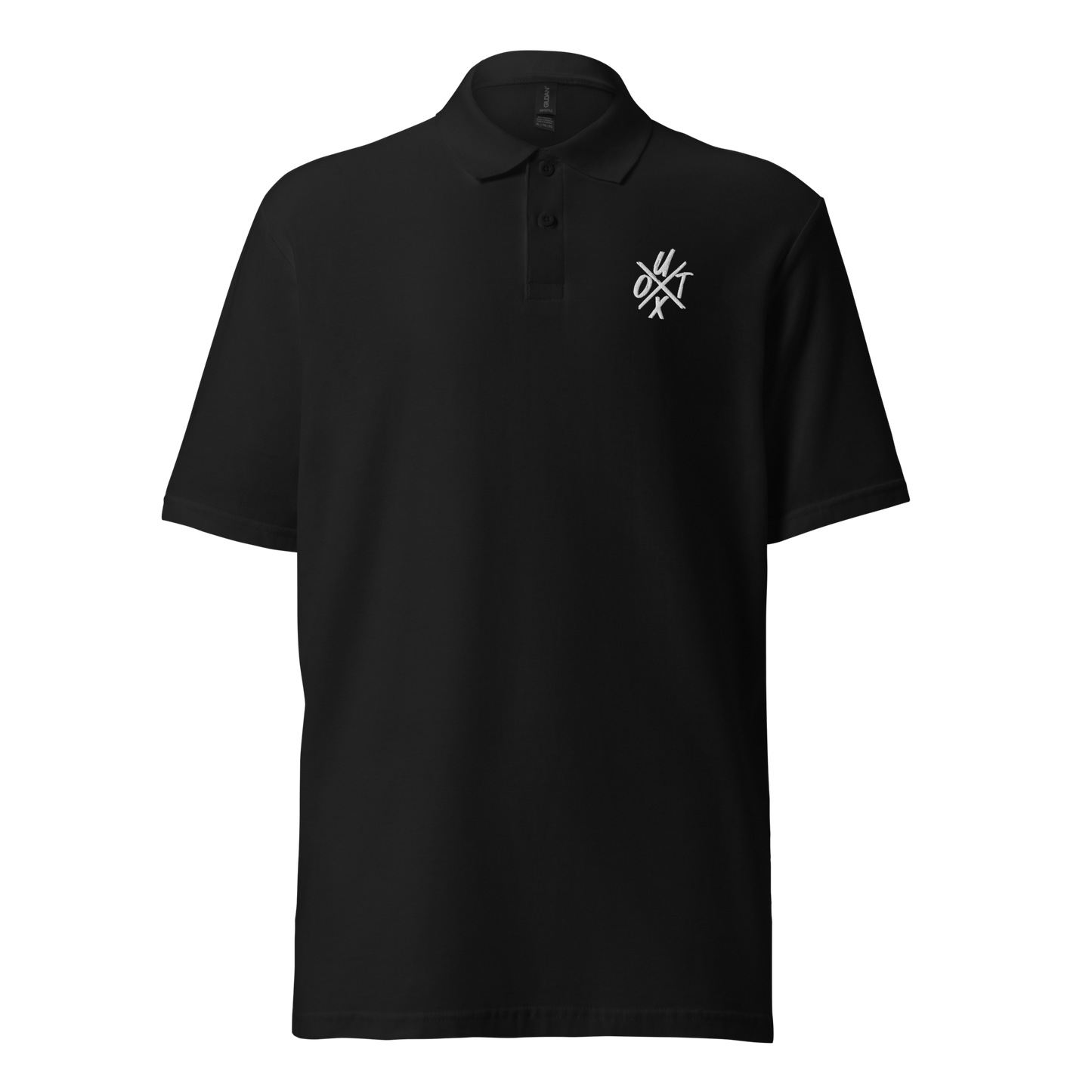 Front view of a black embroidered bitcoin polo shirt.