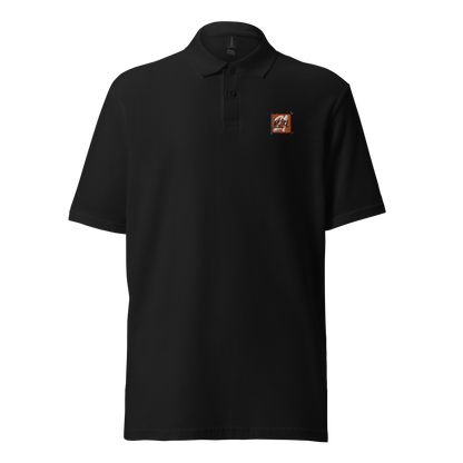 Front view of a black embroidered bitcoin polo shirt.