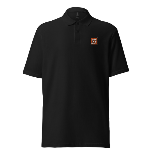 Front view of a black embroidered bitcoin polo shirt.