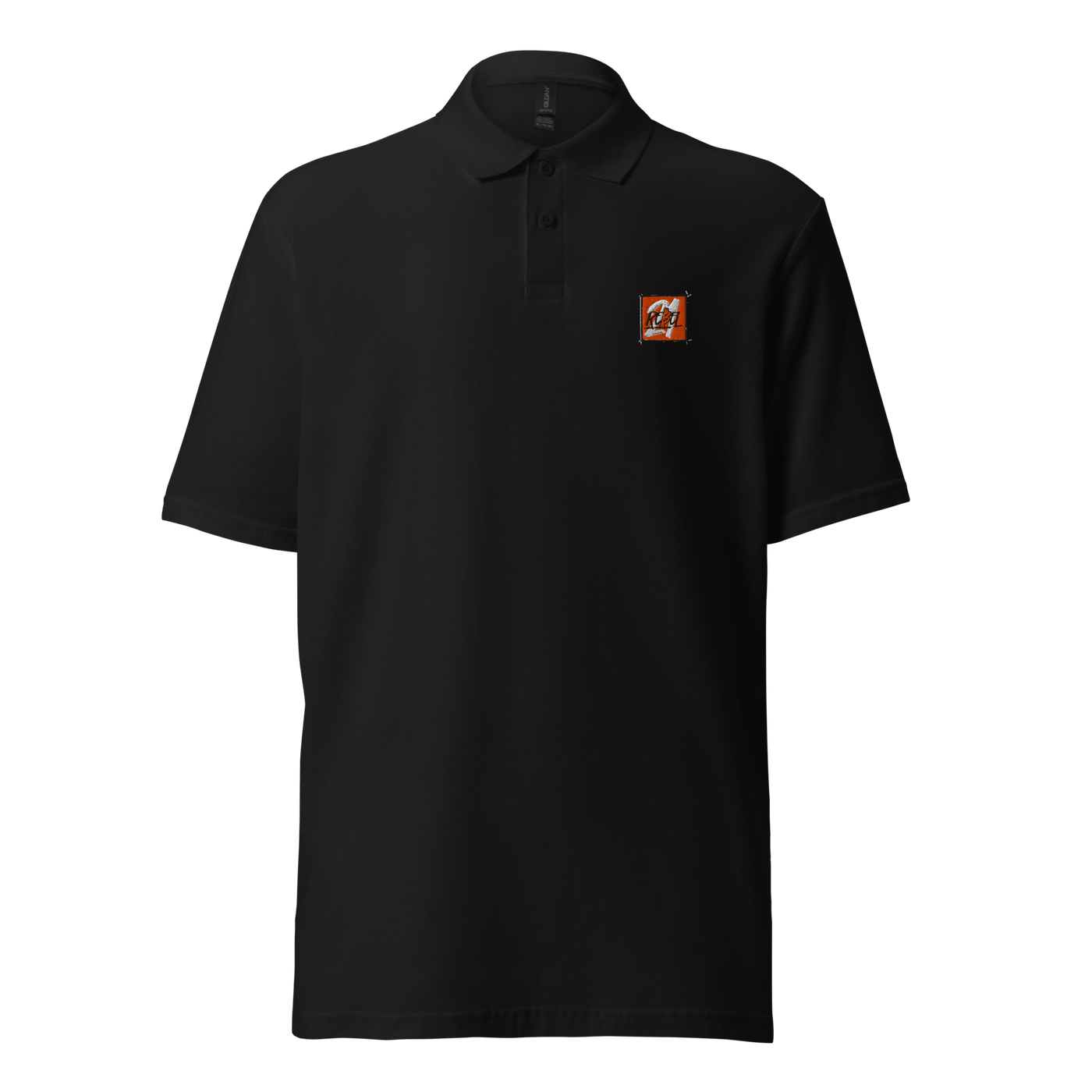 21 Rebel pique bitcoin polo shirt in Black, front view: a small orange 21 Rebel badge on the left chest.