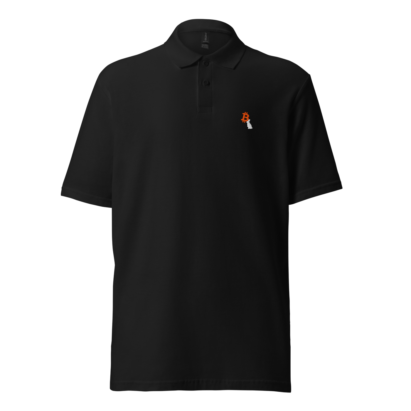 White Rabbit pique bitcoin polo shirt in Black, front view: a small white rabbit next to an orange bitcoin symbol on the left chest.