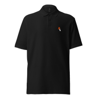 White Rabbit pique bitcoin polo shirt in Black, front view: a small white rabbit next to an orange bitcoin symbol on the left chest.