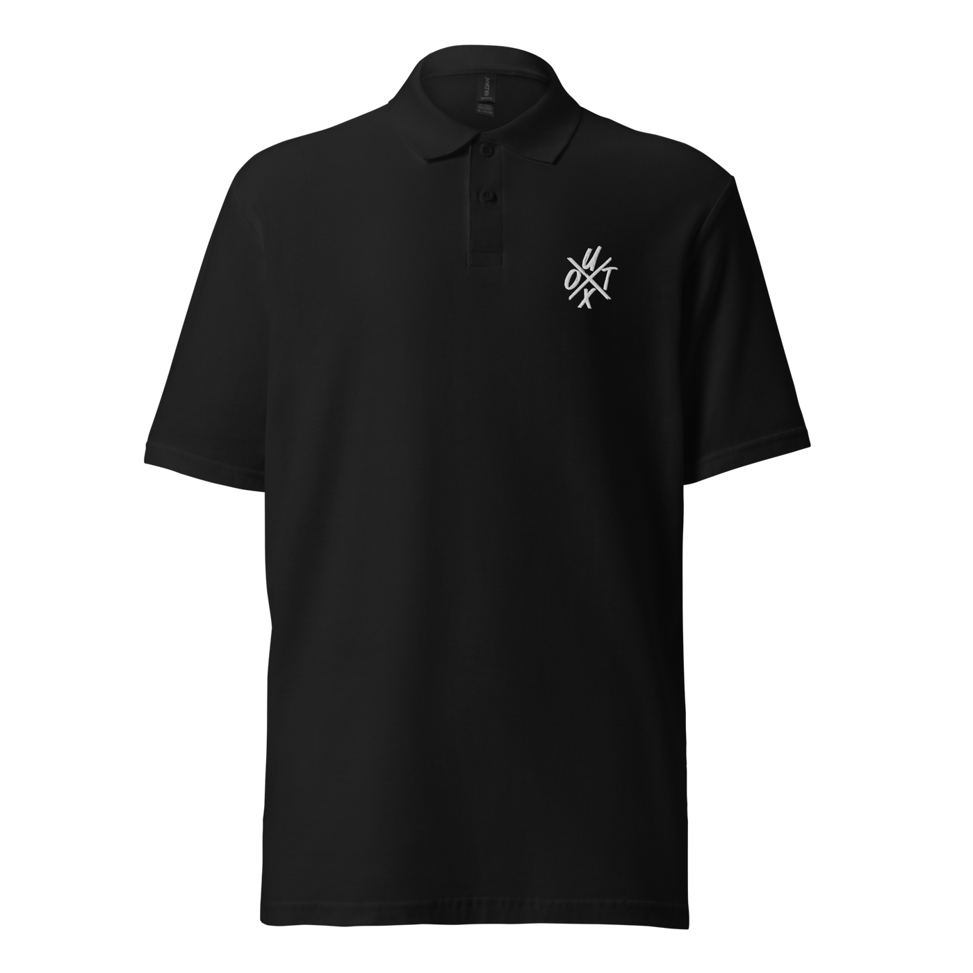 UTXO Management pique bitcoin polo shirt in Black, front view: the letters UTXO in small white brush strokes on the left chest.