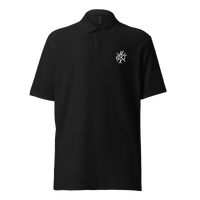 UTXO Management pique bitcoin polo shirt in Black, front view: the letters UTXO in small white brush strokes on the left chest.