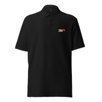 TINA pique bitcoin polo shirt in Black, front view: TINA in small white letters with orange lips on the left chest.