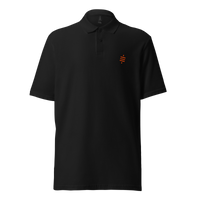 Sats Symbol pique bitcoin polo shirt in Black, front view: a small orange sats symbol on the left chest.