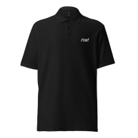POW! pique bitcoin polo shirt in Black, front view: POW! in small white comic lettering on the left chest.