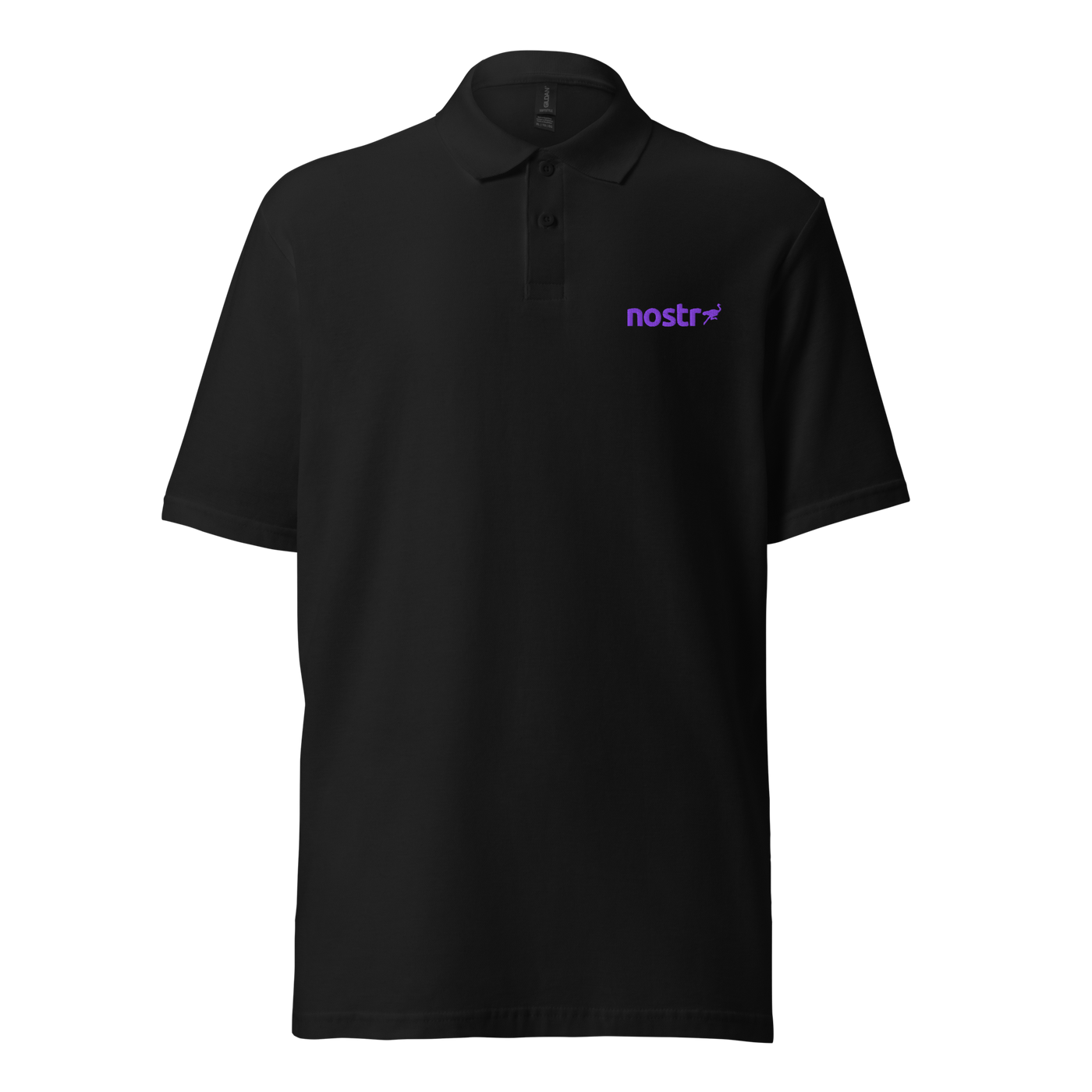Nostr pique nostr polo shirt in Black, front view: the nostr wordmark in small purple letters on the left chest.