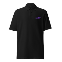 Nostr pique nostr polo shirt in Black, front view: the nostr wordmark in small purple letters on the left chest.
