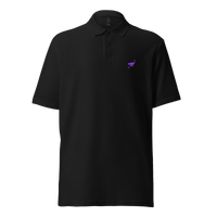 Nostrich Polo Shirt pique nostr polo shirt in Black, front view: a small purple ostrich on the left chest.