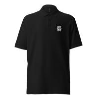 Infinity 21M pique bitcoin polo shirt in Black, front view: a small white infinity symbol over 21M on the left chest.