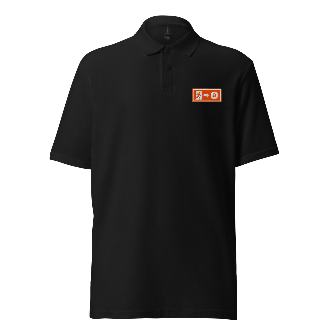 Emergency Exit pique bitcoin polo shirt in Black, front view: a small orange emergency exit sign on the left chest.