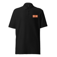 Emergency Exit pique bitcoin polo shirt in Black, front view: a small orange emergency exit sign on the left chest.
