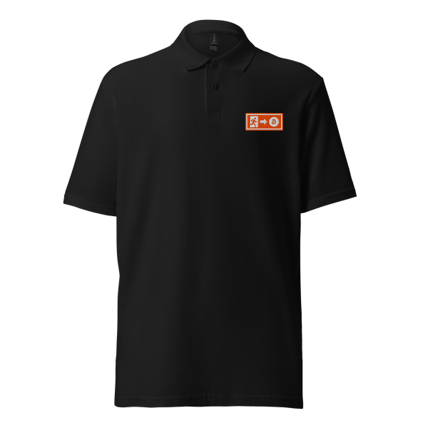 Emergency Exit pique bitcoin polo shirt in Black, front view: a small orange emergency exit sign on the left chest.