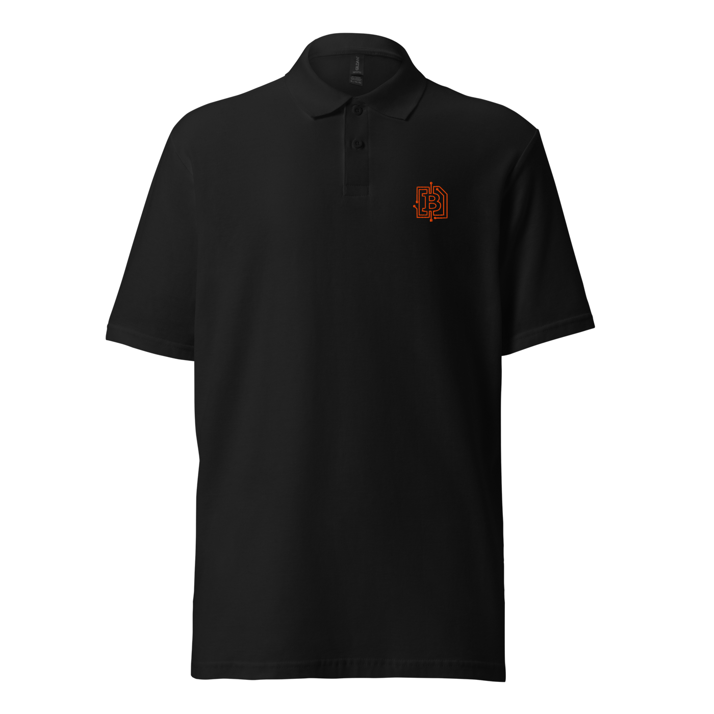 Circuit Board pique bitcoin polo shirt in Black, front view: a small orange bitcoin B of circuit board traces on the left chest.