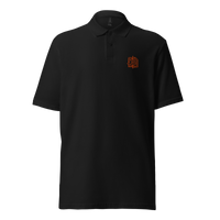 Circuit Board pique bitcoin polo shirt in Black, front view: a small orange bitcoin B of circuit board traces on the left chest.