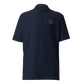 Front view of a navy blue embroidered bitcoin polo shirt.