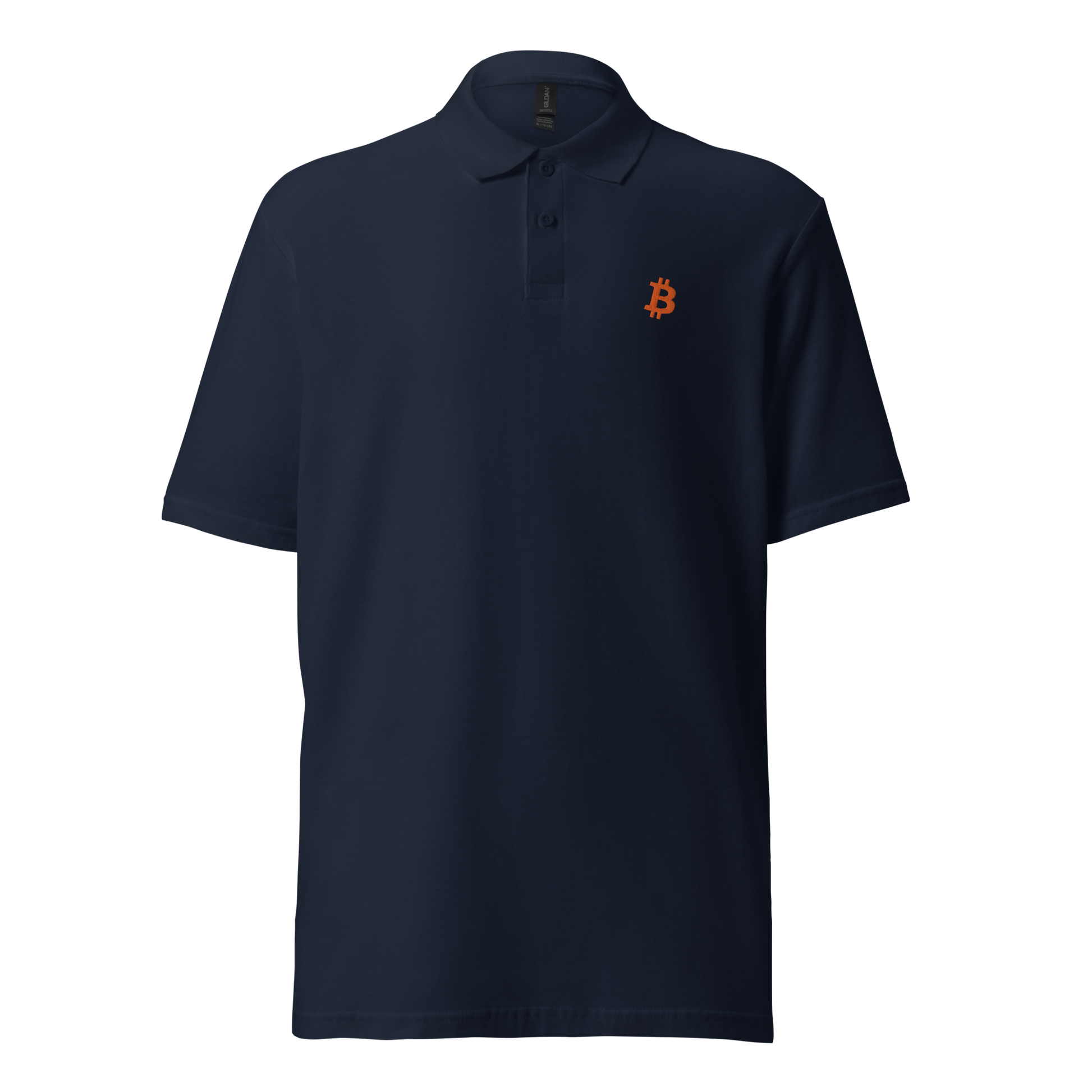 Front view of a navy blue embroidered bitcoin polo shirt.