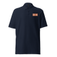 Front view of a navy blue embroidered bitcoin polo shirt.