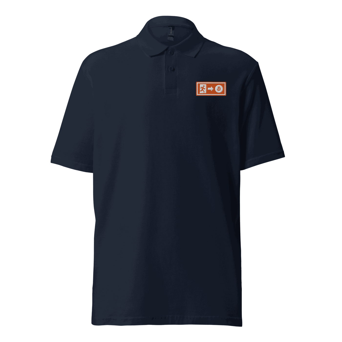 Emergency Exit Bitcoin polo shirt with OEKO-TEX certification logo