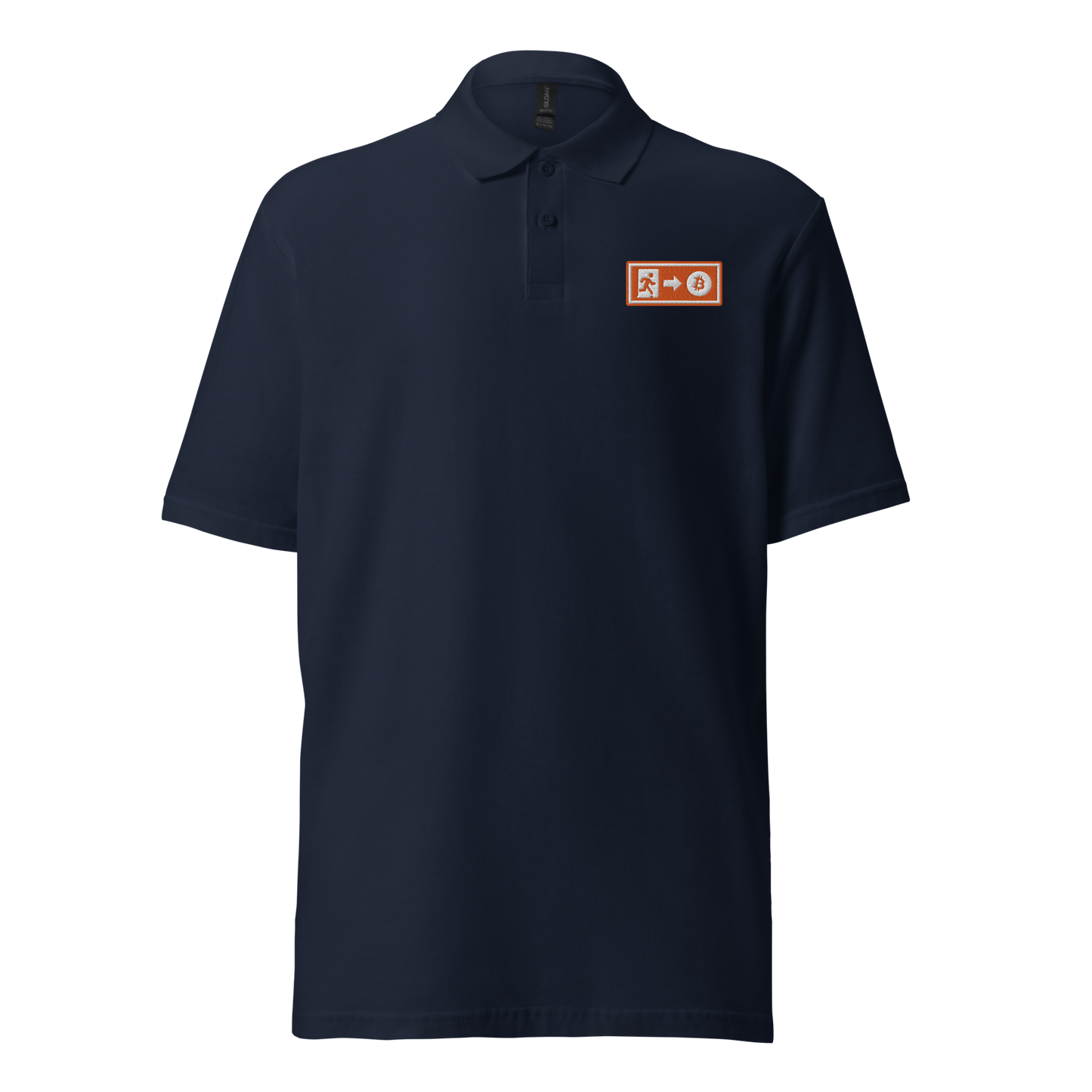 Front view of a navy blue embroidered bitcoin polo shirt.